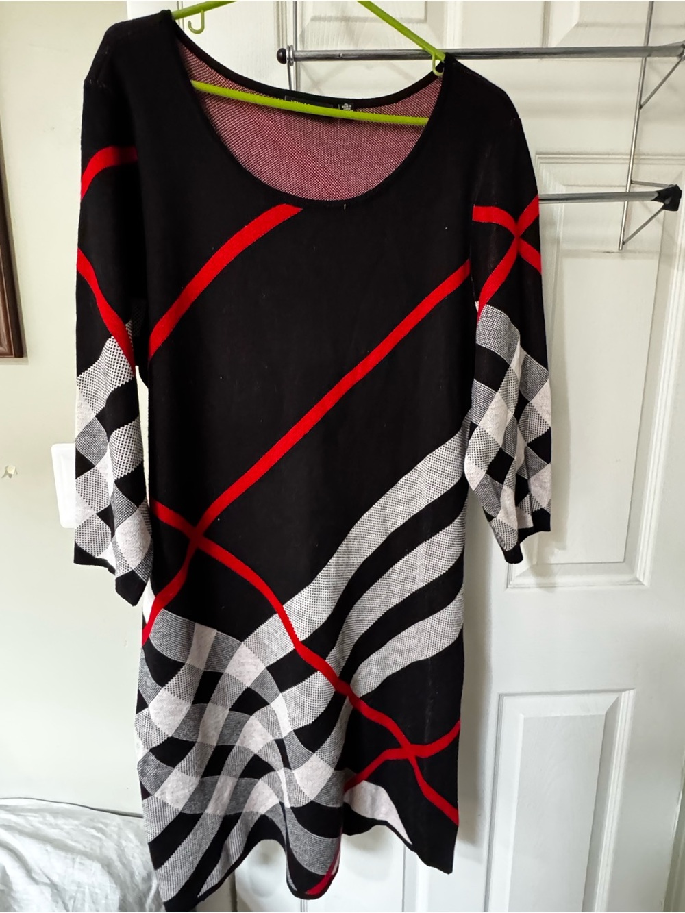 Nina Leonard Red and Black Textured Knit Sweater Dress